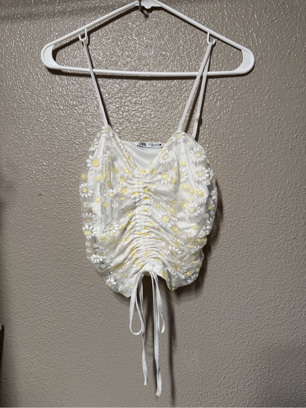 Zara White and Yellow Daisy Ruched Cami Top